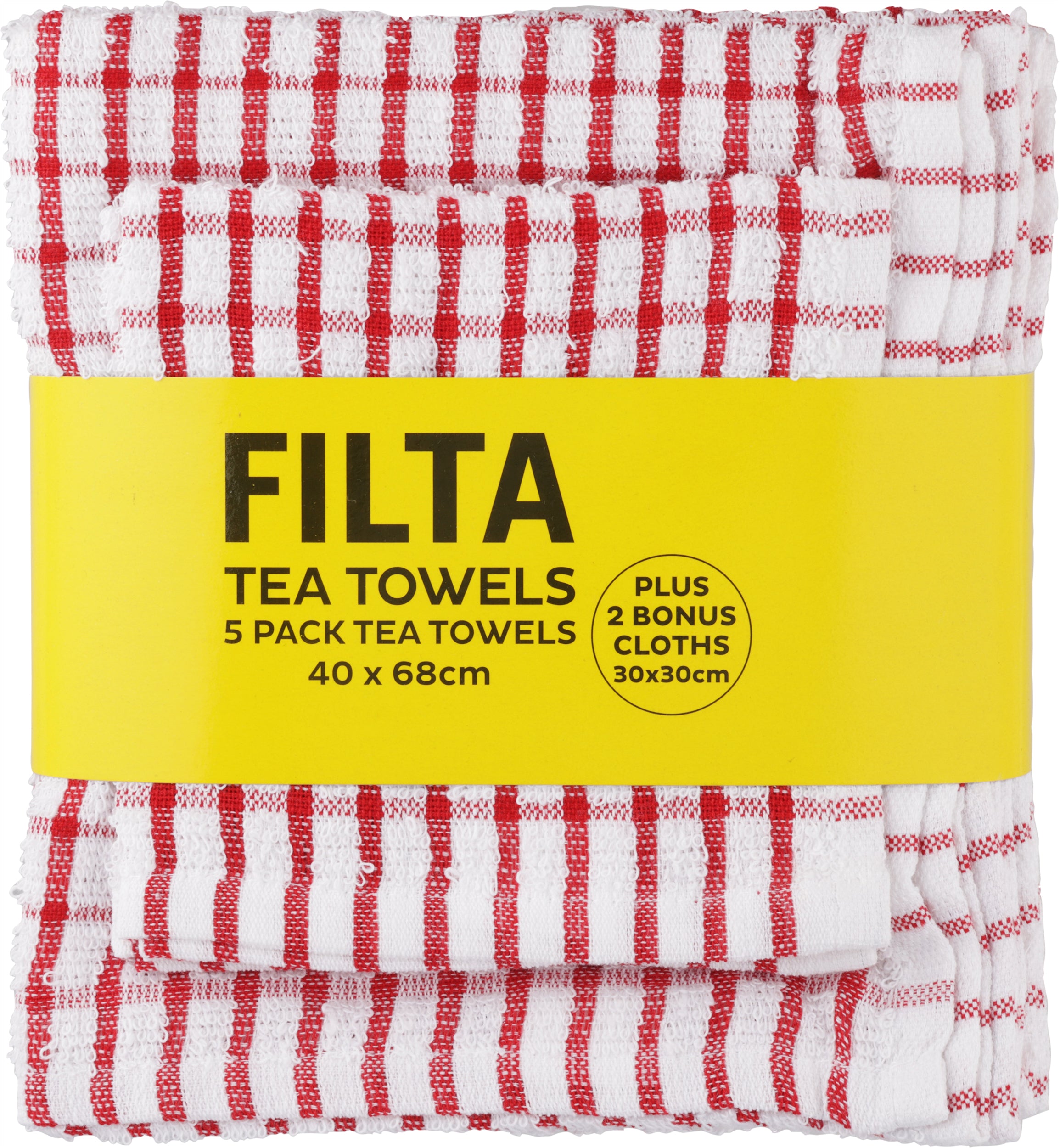 FILTA COTTON TEA TOWELS X 5 (40CM X 68CM) + 2 DISH CLOTHS (30CM X 30CM) RED 7PK