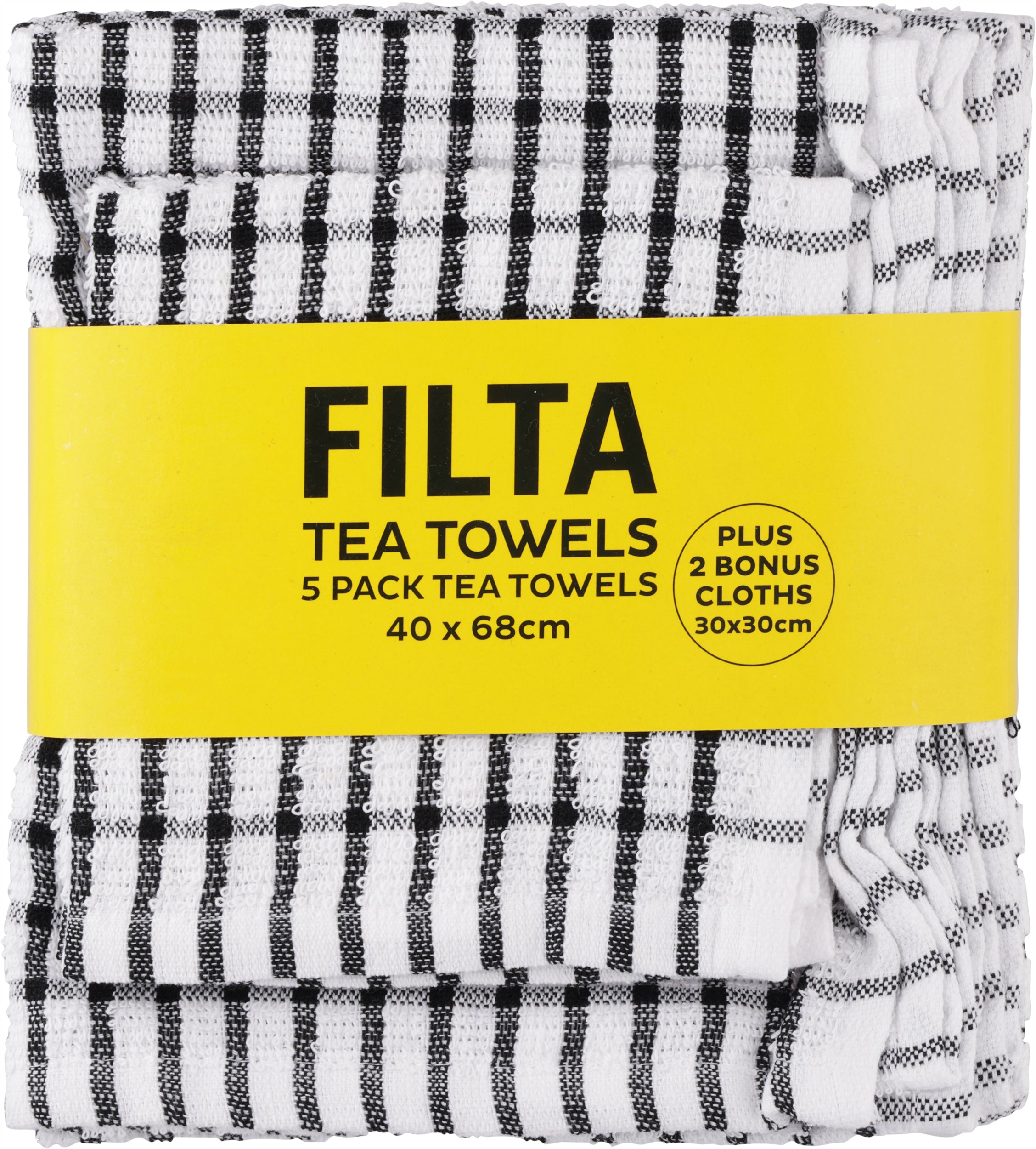 FILTA COTTON TEA TOWELS X 5 (40CM X 68CM) + 2 DISH CLOTHS (30CM X 30CM) BLACK 7PK