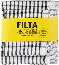 Load image into Gallery viewer, FILTA COTTON TEA TOWELS X 5 (40CM X 68CM) + 2 DISH CLOTHS (30CM X 30CM) BLACK 7PK