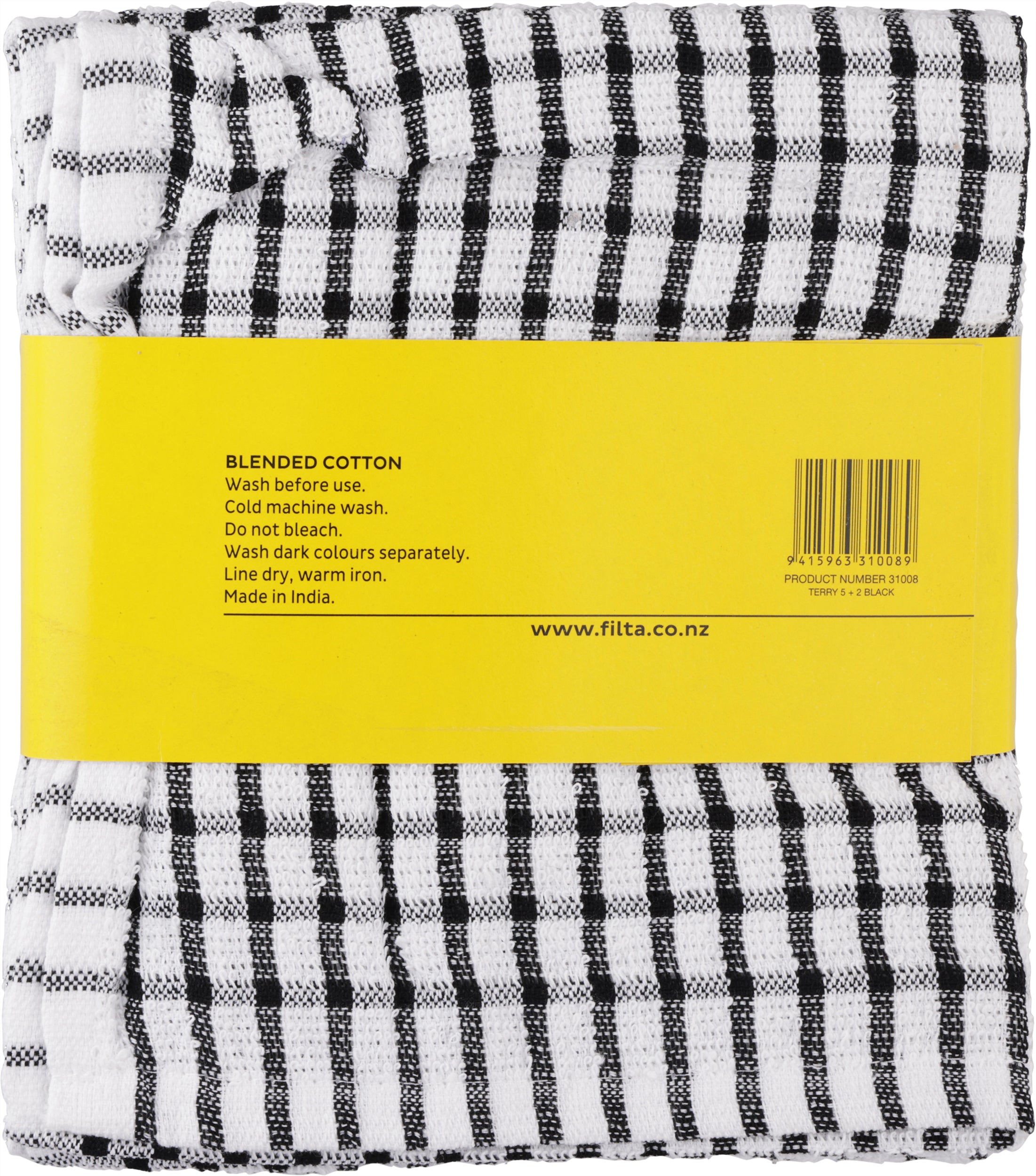 FILTA COTTON TEA TOWELS X 5 (40CM X 68CM) + 2 DISH CLOTHS (30CM X 30CM) BLACK 7PK