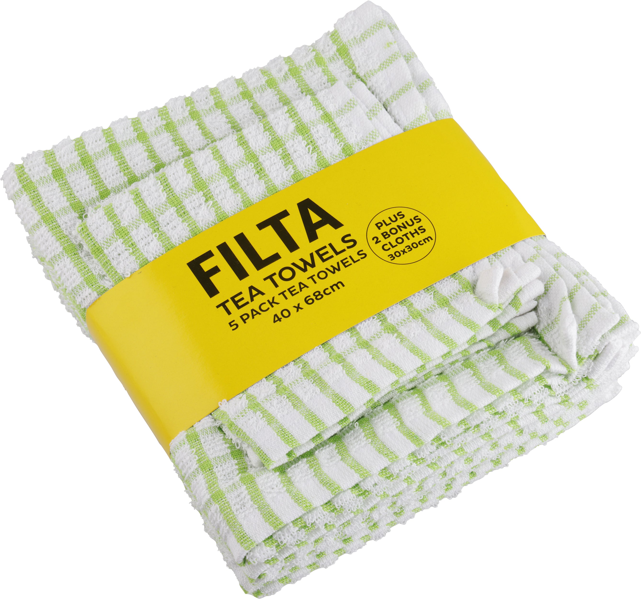 FILTA COTTON TEA TOWELS X 5 (40CM X 68CM) + 2 DISH CLOTHS (30CM X 30CM) GREEN 7PK