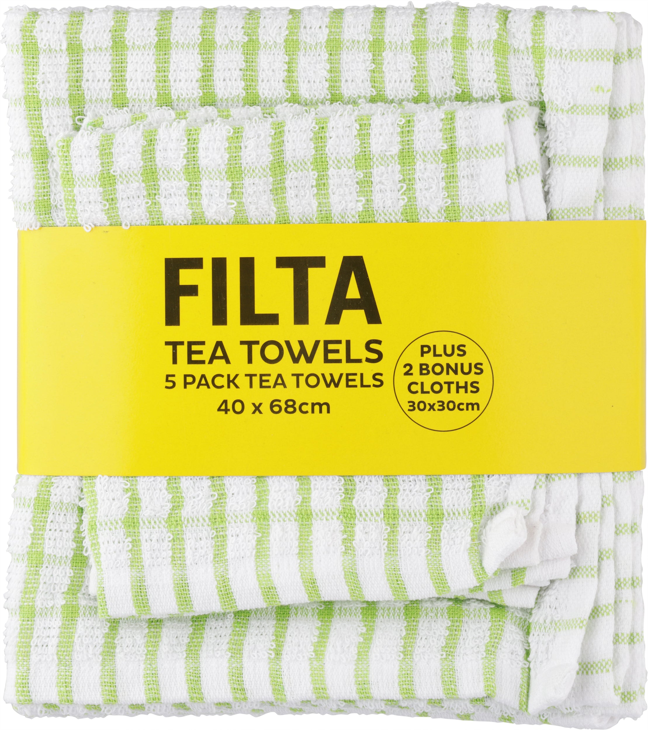 FILTA COTTON TEA TOWELS X 5 (40CM X 68CM) + 2 DISH CLOTHS (30CM X 30CM) GREEN 7PK