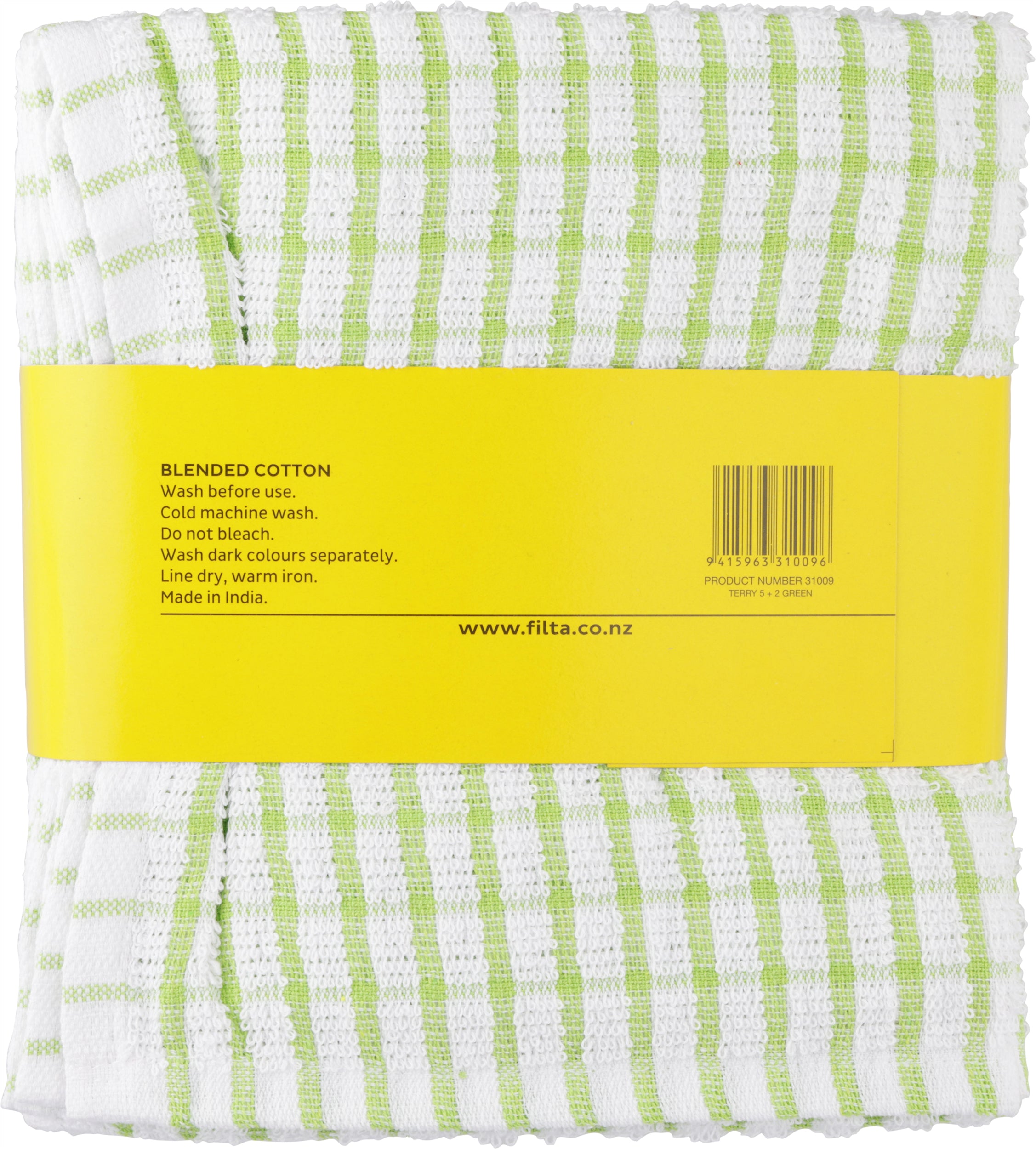 FILTA COTTON TEA TOWELS X 5 (40CM X 68CM) + 2 DISH CLOTHS (30CM X 30CM) GREEN 7PK