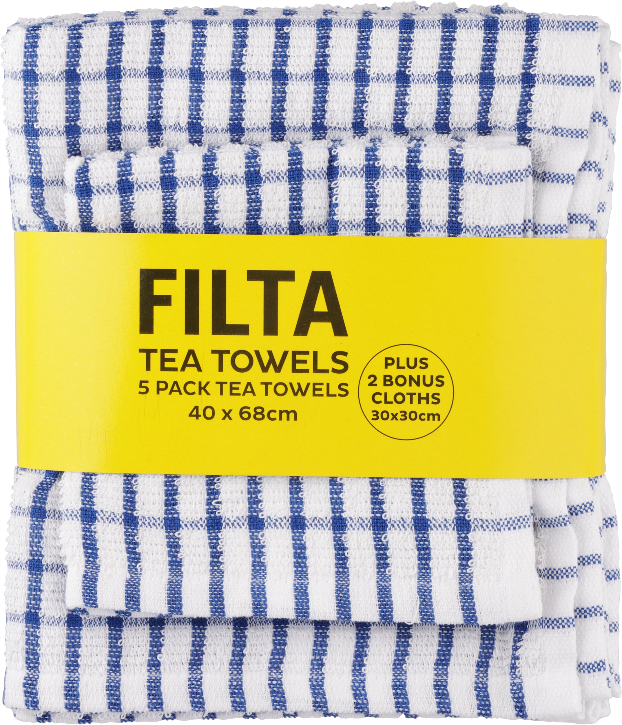 FILTA COTTON TEA TOWELS X 5 (40CM X 68CM) + 2 DISH CLOTHS (30CM X 30CM) BLUE 7PK