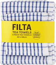 Load image into Gallery viewer, FILTA COTTON TEA TOWELS X 5 (40CM X 68CM) + 2 DISH CLOTHS (30CM X 30CM) BLUE 7PK