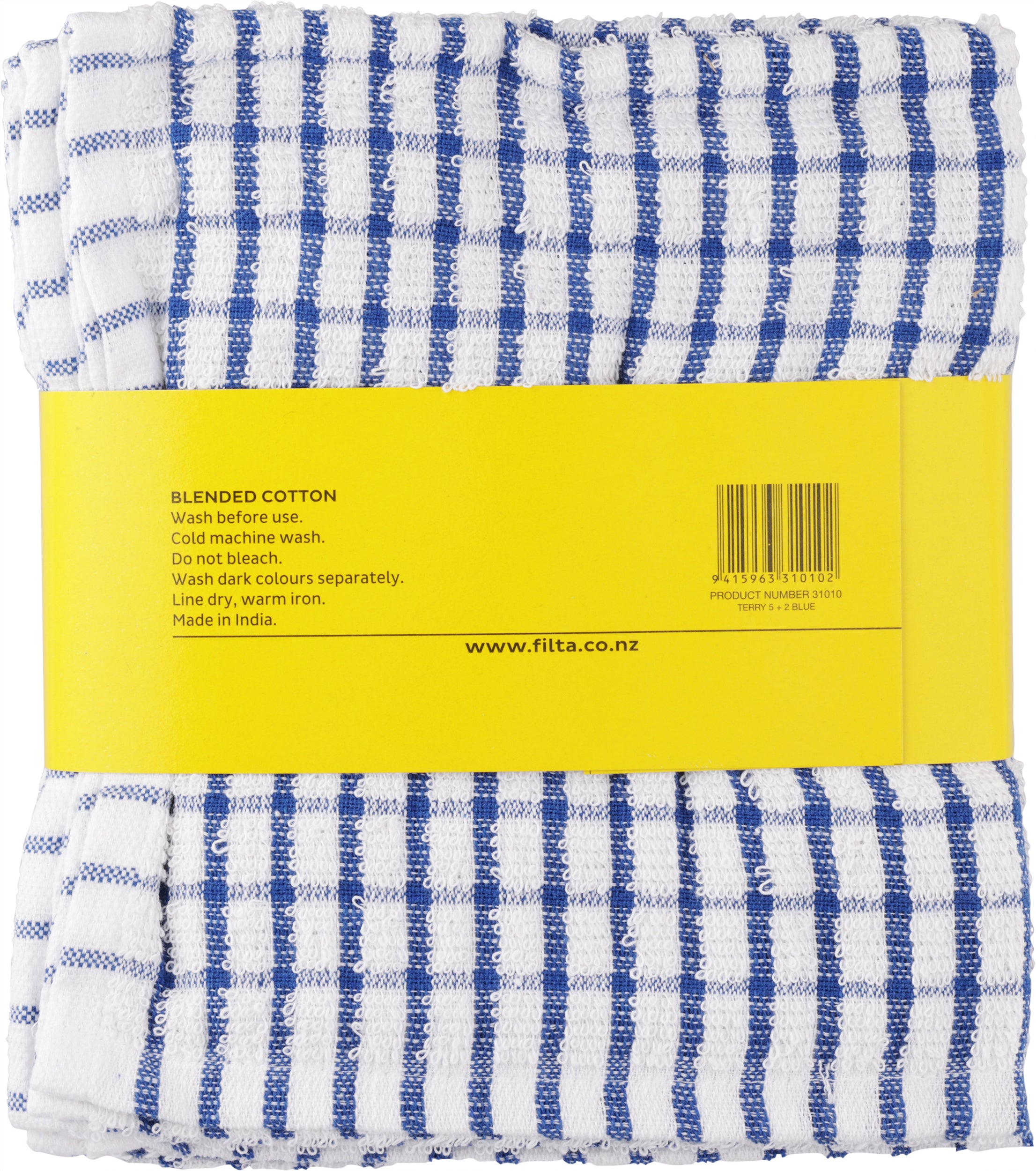 FILTA COTTON TEA TOWELS X 5 (40CM X 68CM) + 2 DISH CLOTHS (30CM X 30CM) BLUE 7PK